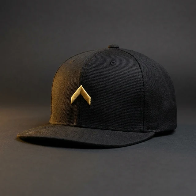Black structured cap with a gold embroidered emblem on the front