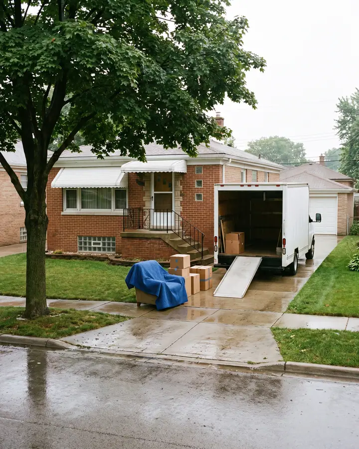 A 1950s brick ranch with white scalloped awnings, glass-block basement windows and an iron stoop rail after rain; a white box truck sits up the wet driveway with cartons inside and its ramp down, and a blanket-wrapped armchair and taped cartons wait on the lawn under a maple