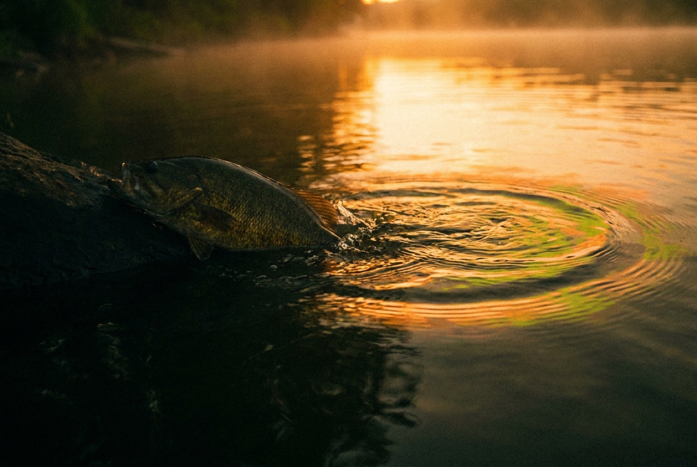 Concept shot of a smallmouth bass sliding back into golden water at sunset
